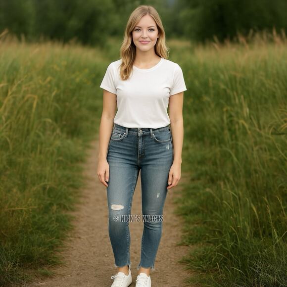 Cosmic Blue Love High Rise Distressed Ankle Skinny Jeans Frayed Hem Size 28P - Picture 11 of 12